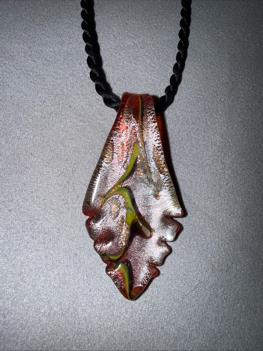 Iridescent Red and Gold Glass Pendant Necklace with Black Cord